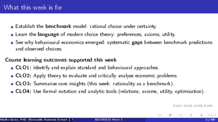 Title and learning-objectives slide for the Foundations and Rational Choice under Certainty lecture